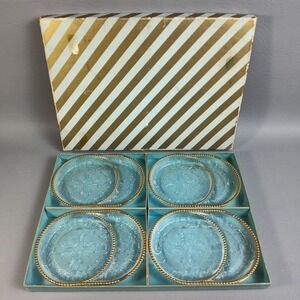 Vintage Jeannette Glass Co Coaster Ashtray Set/4 22 Kt. Gold Decorated Harp